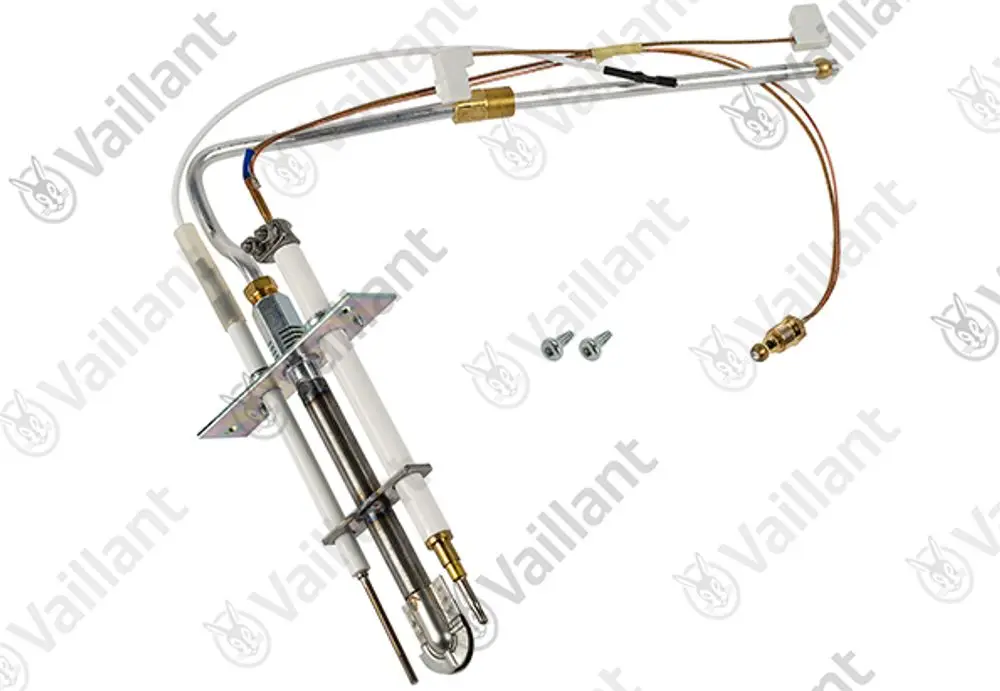 Vaillant Zündbrenner mit mehreren Leitungen und Befestigungselementen. Komponenten zur Zündung und Steuerung in Heizgeräten.
